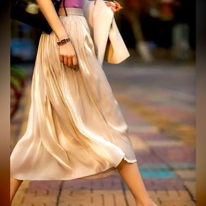 Shein beige chiffon midi skirt small s a line gold
